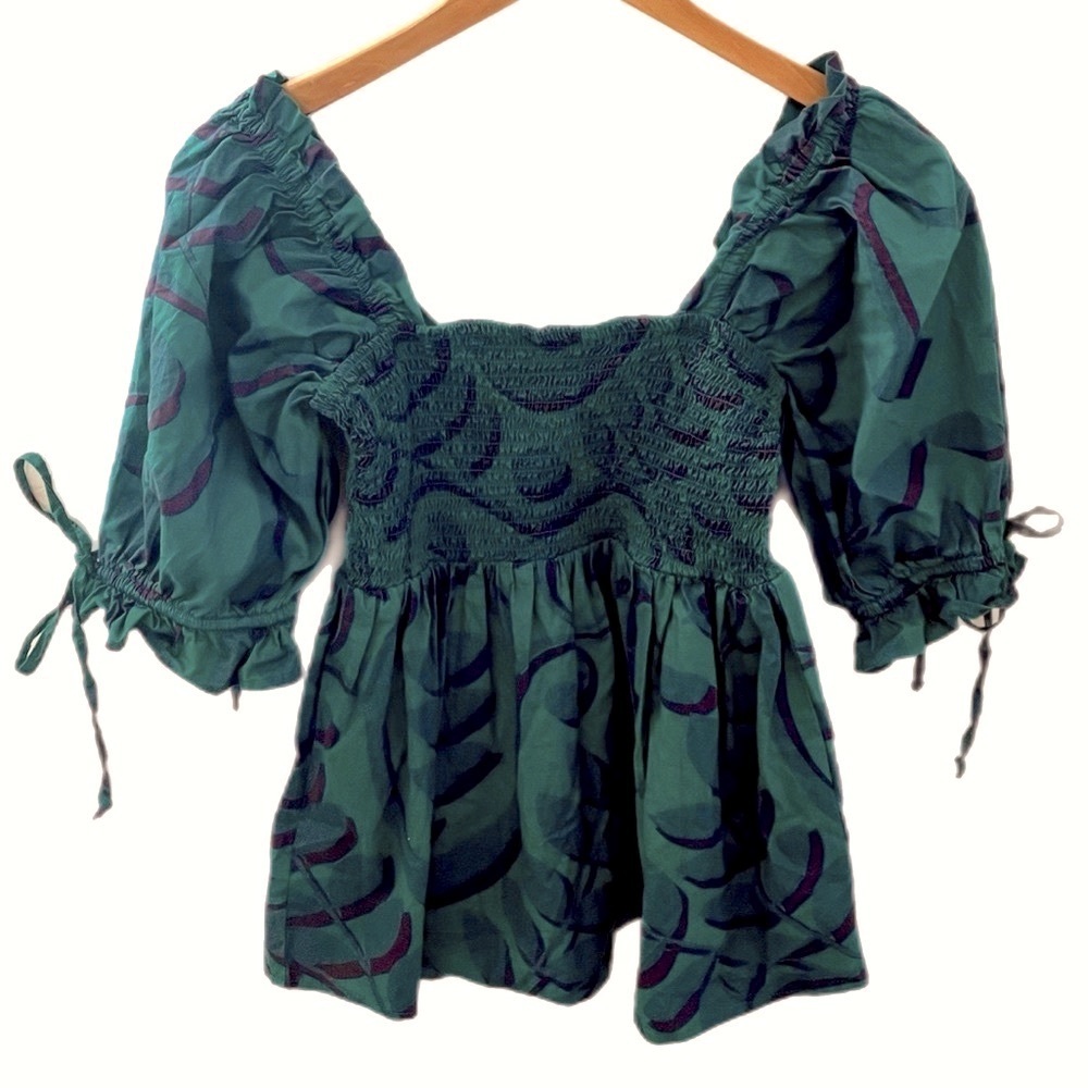 Anthropologie Porridge Jina Smoked Babydoll Blouse in Emerald and Plum Size S